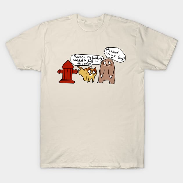 Cat and Sloth Fire Hydrant T-Shirt by saradaboru